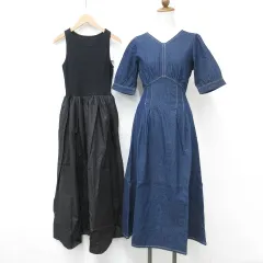 グレイル GRL ワンピース 2枚セット 半袖 ノースリーブ Vネック ロング丈 フレア 綿 青 黒 ブルー ブラック S