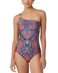 Shoshanna Women's Swimsuit Set, Ring One Shoulder One Piece Swimsuit, Navy Multi