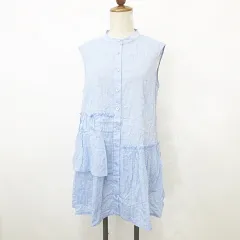 タバサ TABASA チュニック ひざ丈 ノースリーブ バンドカラー 前開き アシメトリー 切替 ギャザー 青 ブルー 