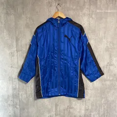 PUMA プーマ ベンチコート 150 ブルー ストライプ ウインドブレーカー 中綿 裏フリース ハーフコート フード付 サッカー フットサル 野球 陸上 部活 通学 男の子 キッズ ジュニア 防寒 スポーツ観戦 シャカシャカ 青 黒 150cm