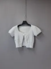 ブークレ グレーホワイト クロップド カーディガン s