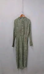 プリーツ カーキ系 秋冬用 チェック ロング丈ワンピース