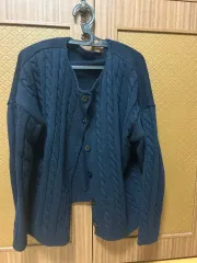 ネイビー ケーブル編み ニット カーディガン