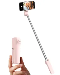 viozon 自撮り棒 iphone コンパクト 軽量 伸縮式 スマホスタンド 4～7インチのiPhone/Androidスマートフォン対応 ワイヤレスリモコン付き ステンレスチューブ セルフィースティック 持ち運び Vlog・旅行・撮影 ピンクのサムネイル