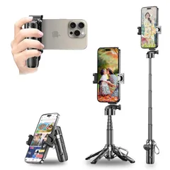 自撮り棒 スマホ 三脚 スマホスタンド iphone カメラグリップAlアルミ合金・安定感セルカ棒 Android兼用 スマホ撮影 スタンド 四脚付きスマホ 三脚 ホルダー コンパクト 四脚/一脚兼用 卓上 360°回転 持ち運び便利 生放送 Web会議 …のサムネイル