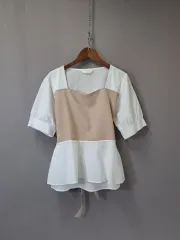 バックリボン ツートン 素材 綿ブラウス