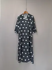 ブラック ドット スリット 8分袖 ロング ONE PIECE