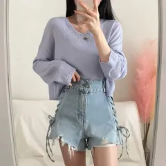 クロップドVネック長袖パープルニット