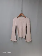 フリルラッパ袖スリムフィットチョコミルクピンクゴージニット