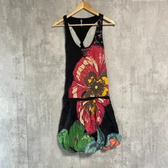 Desigual デシグアル 膝丈ワンピース M 黒 花柄 刺繡 総柄 バタフライ 蝶 バルーン 派手 カワイイ Aライン ノースリーブ レーサーバック スペイン 華やか 春夏 42V2848 Y2K 平成 00s ギャル