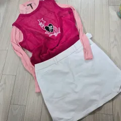 レディース ゴルフウェア ピンク ニットベスト + 白 スカート