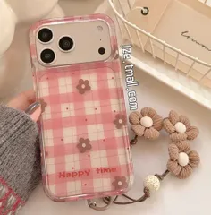 半透明 ピンクチェック 花柄 iPhoneケース ストラップ付き かわいい iPhone17 Pro Max / 16 Pro / 15 / 15 Pro / 14 / 13対応