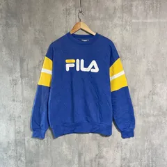 フィラ FILA スウェット トレーナー L ブルー 青 黄 白 袖ライン 刺繍ロゴ デカロゴ ストリート ダンス ゆるだぼ オーバーサイズ 古着 90s スポーツMIX 春物 男女兼用 ユニセックス 1枚袖 クルーネック リブライン カジュアル コットン 紺