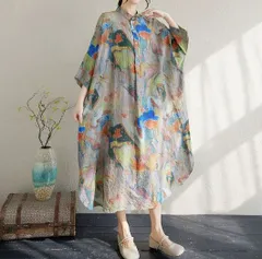 夏新作 花柄プリント スタンドカラー 七分袖 ロングワンピース ゆったり 体型カバー レディース カジュアル ワンピース