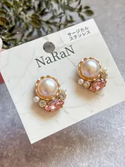 683≫ パール風カボション×ピンクビジュー ピアス