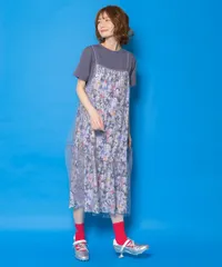 ScoLar スカラー　161666：総柄ベロア×ストライプ柄チュールキャミワンピ