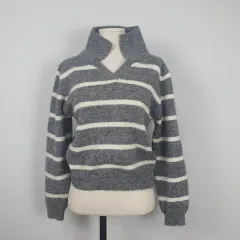 s0095 オープンクローゼット グレー ストライプ タートルネック ニット セーター