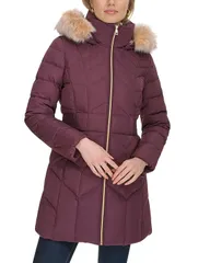 コールハーン レディース アウター コート Cole Haan Hooded Faux Fur Trim Puffer Coat Merlotのサムネイル