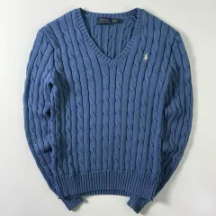 Polo ポロ ラルフローレン 刺繍 コットン ブルー ケーブル編み Vネック ニット