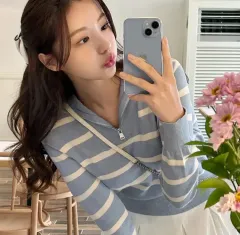 エイブリー アットランス ストライプ カラ ニット スカイブルー