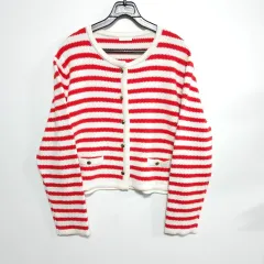 55 66 バイン ストライプ カーディガン レディース55 66 レッド 白 ニット カーディガン