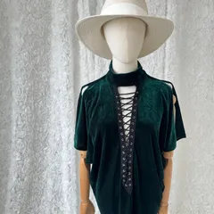 USA製 グリーンベロアワンピース レースアップデザイン チョーカー風ネック スリットスリーブ 半袖 ストレッチ素材 ヴィンテージドレス