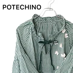 POTECHINO ポテチーノ さえら レディース 希少 3L  日本製 ギンガムチェック チュニック ブラウス 立体モチーフ お花 リボン グリーン 緑 白 綿100％ 大きいサイズ ゆったり 15号 17号 079TY