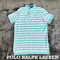 【USED】US 古着 ポロ ラルフローレン 半袖 ポロシャツ ボーダー メンズ L カスタムフィット POLO RALPH LAUREN ワンポイント刺繍 鹿の子 水色 ホワイト 古着 アメカジ カジュアル