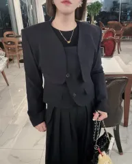 js NEW YORK スタイル セール (SET セット 可能) ノーカラー クロップド ネイビー ショートジャケット (当日発送)