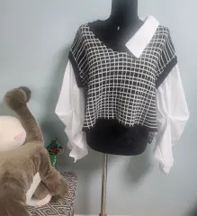 チェック ニット ベスト シャツ レイヤード ブラウス