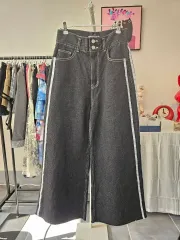 ブラック サイドライン ワイド デニム パンツ