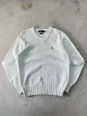95 ポロラルフローレン 白 コットン Vネック ニット