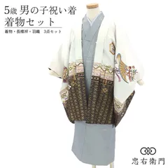 七五三 男の子 5歳 着物 3点セット 羽織 長襦袢 五歳祝い着 男児 着物セット 貸衣装処分品 美品 状態良好 ポリエステル 白 水色 弓 違い鷹の羽 クール 適応身長：約100～105cm 即日発送 