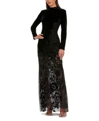 マックダガル レディース トップス ワンピース フラワー柄 ベルベット シアー 刺繍 フラワー Mac Duggalong Sleeve Sheer Floral Embroidered Velvet Gown Black ブラック