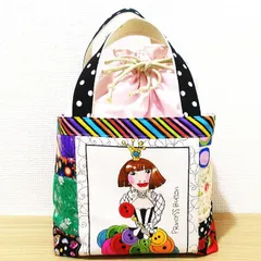 ミニトートバッグ 巾着 あおりポケット ロラライハリス パッチワーク 底板付き