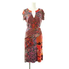 ダイアンフォンファステンバーグ DIANE von FURSTENBERG 柄 シルク カシュクールワンピース 膝丈 フレンチスリーブ 4 オレンジ /HK ■OS