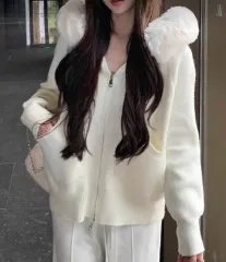 SHEIN ファー フーディー ニット ジップアップ カーディガン