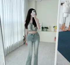 ライトブルー デニム チューブトップ + ブーツカット デニム ズボン セット