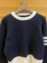 通販 レディース ネイビー ラウンドウールニット 3本線ニット