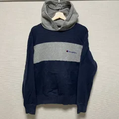 (^w^)b Champion チャンピオン パーカー カンガルーポケット プルオーバー 配色切り替え フード付き カジュアル ストリート スウェット フーディ リブ袖 リブ裾 切替 コットン100% ネイビー グレー メンズ サイズ M OM11418HG