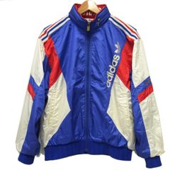 90s☆adidas アディダス トラックジャケット 古着 ジップジャケット ブルゾン デサント メンズ 襟元フード収納 ヴィンテージ