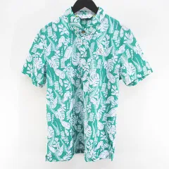 アンパスィ and per se ゴルフウェア リーフ柄 葉っぱ柄 半袖 ポロシャツ カットソー ボタンダウン L 緑系 グリーン ロゴ 文字 刺繍 ワッペン