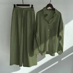 【5色】2点セットアップ レディース 長袖 シャツ ワイドパンツ 上下セット 春夏 リネン調 開襟シャツ ブラウス ゆったり ビッグシルエット カジュアル ロングパンツ イージーパンツ 大きめ 大きいサイズ 1548