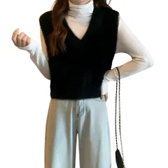 [レグエイト] ベスト レディース ファッション 秋 冬 春 ふわもこ ニット Vネック 柔らかい 軽い 暖かい 無地 シンプル トップス 重ね着 レイヤード おしゃれ カジュアル かわいい (ブラック) [ブラック]