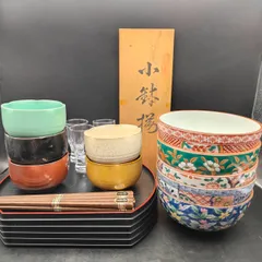 酒宴セット どんぶり 小鉢 冷酒グラス 半月盆 鉄木箸 5客 赤絵 瑞祥 絵変わり 美濃焼 林斎 竹斎 有田焼 明陶作 合計25点 木箱無し ゴールド盆無し S417
