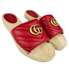 新品未使用★GUCCI★グッチ・レディース レザー:ジュートコンビ キルティングデザイン メタル GGマーモント エスパドリーユ プラットフォーム サンダル (37/24㎝相当) スペイン製 レディースサンダル 春夏靴 ブランドサンダル カジュアル