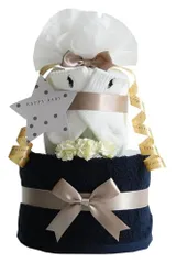 おむつケーキ研究所 ラルフローレン おむつケーキ 出産祝い 今治タオル オーガニックコットン 2段 男の子 女の子 名入れ刺繍 ギフトセット ネイビー ダイパーケーキ ベビー ソックス 6?12か月(約9?12cm) パンパーステープタイプＳ d16dd772