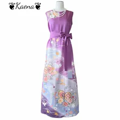 着物リメイク ロングワンピース  振袖 Aライン マキシ丈ドレス鼓花文  金彩 暈し染め 薄紫