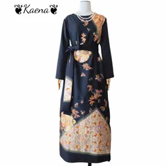 着物リメイク ロングワンピース  黒留袖 Aライン マキシ丈ドレス 作家物 天平更紗文 駒刺繍 金彩 暈し染め 鳳凰 ブラック 黒