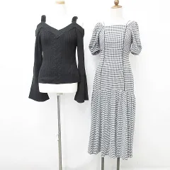 グレイル GRL スナイデル SNIDEL セーター ワンピース 2点セット 長袖 オフショルダー ファーストラップ ロング 半袖 チェック 切替 ギャザー 黒 白 ブラック ホワイト F